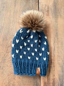 Little Hearts Hand Knitted Hat with Pom