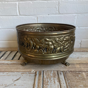 Large Vintage Footed Brass Embossed Rose Planter Made in England