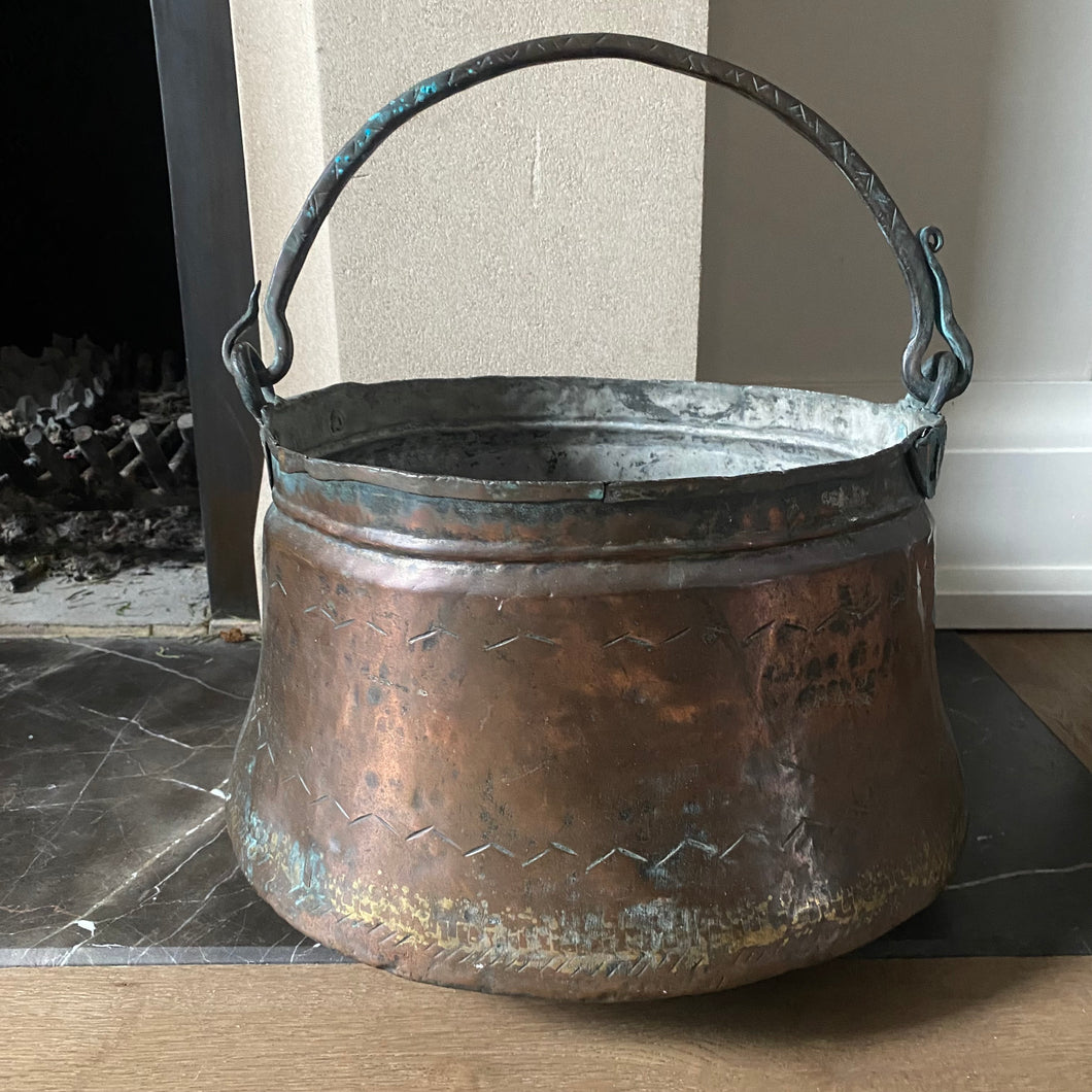 19th Century Antique French Hammered Copper Pot with Forged Handle