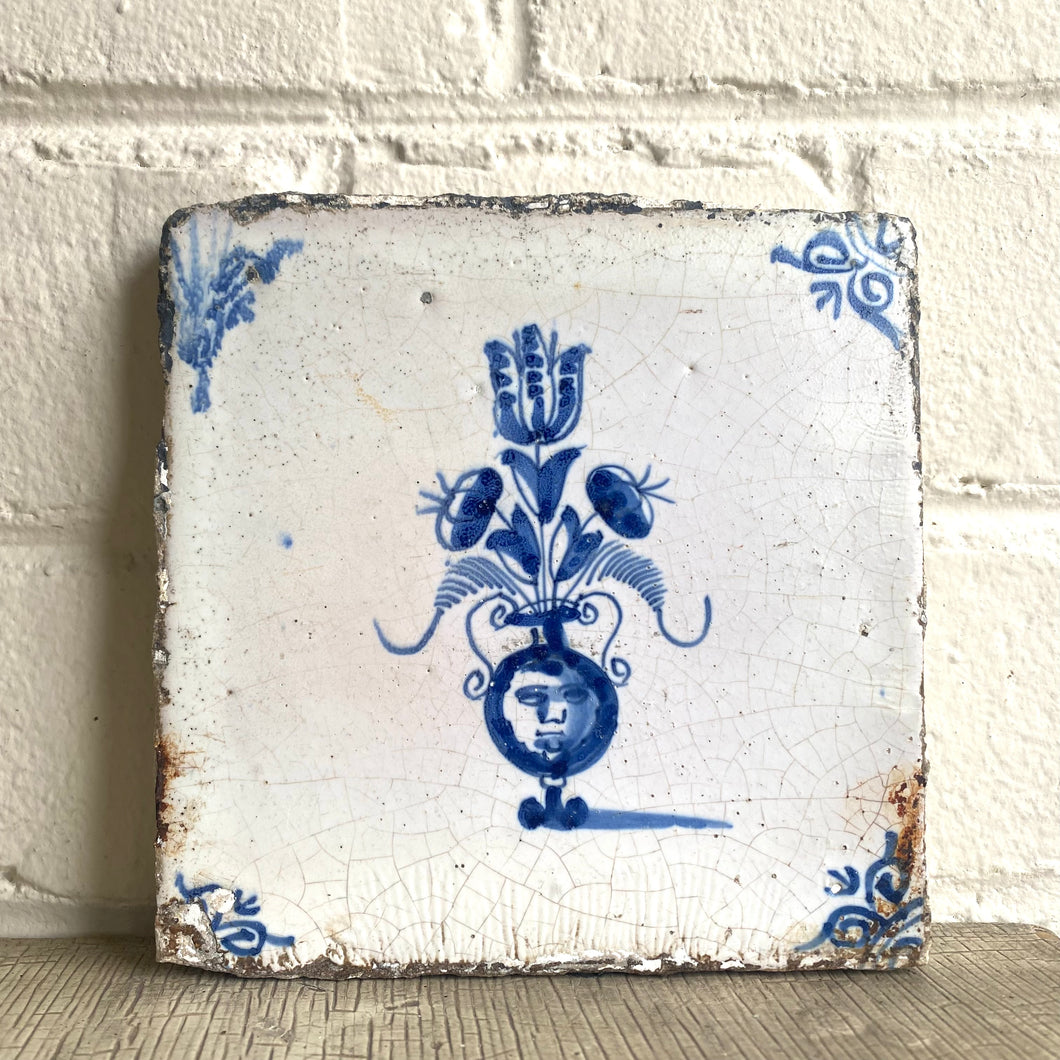 17th Century Dutch Delft Tile with Mascaron