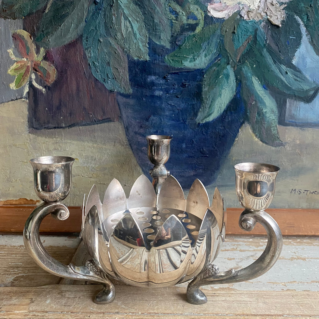 Vintage Silver-plated Candelabra with Lotus Rose Bowl and Insert c1960