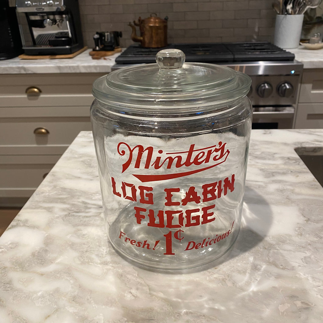 Vintage Minter’s Log Cabin Fudge Store Display Jar