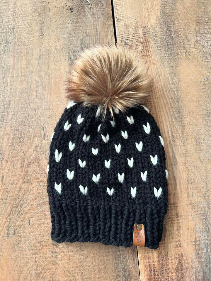 Little Hearts Hand Knitted Hat with Pom