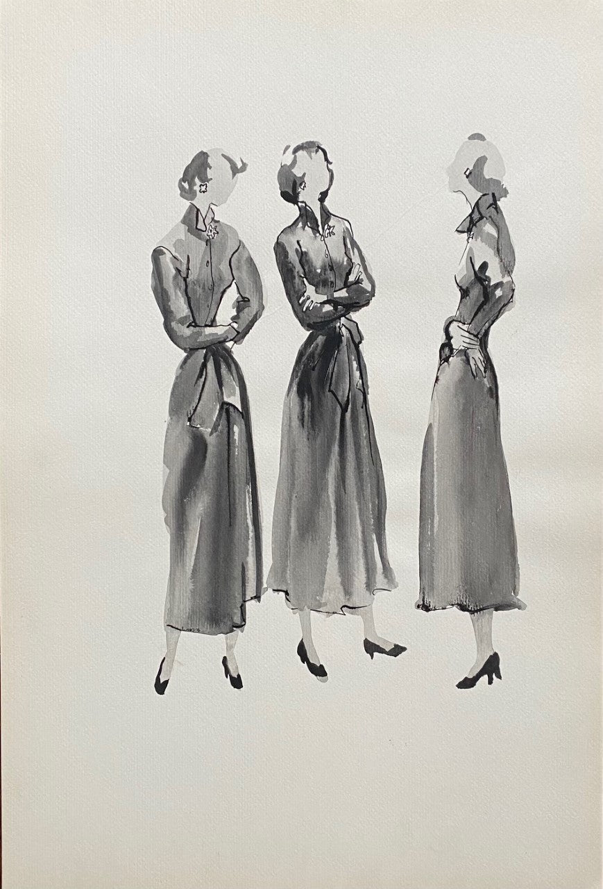 Vintage fashion sketches clothing design mid-century stat sheets designer  art
